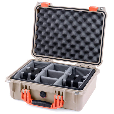 Pelican 1450 Case, Desert Tan with Orange Handle & Latches Gray Padded Microfiber Dividers with Convolute Lid Foam ColorCase 014500-0070-310-150