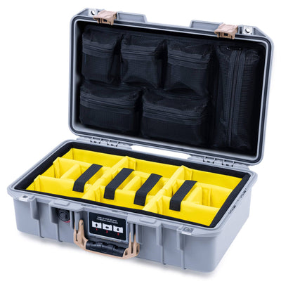 Pelican 1485 Air Case, Silver with Desert Tan Handle & Latches Yellow Padded Microfiber Dividers with Mesh Lid Organizer ColorCase 014850-0110-180-311