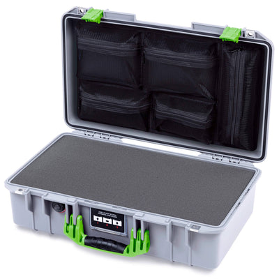 Pelican 1525 Air Case, Silver with Lime Green Handle & Latches Pick & Pluck Foam with Mesh Lid Organizer ColorCase 015250-0101-180-301