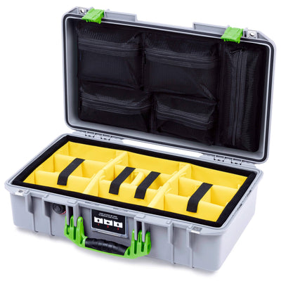 Pelican 1525 Air Case, Silver with Lime Green Handle & Latches Yellow Padded Microfiber Dividers with Mesh Lid Organizer ColorCase 015250-0110-180-301