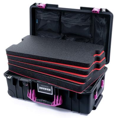 Pelican 1535 Air Case, Black with Magenta Handles & Latches Custom Tool Kit (4 Foam Inserts with Mesh Lid Organizers) ColorCase 015350-0160-110-401