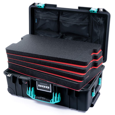 Pelican 1535 Air Case, Black with Teal Handles & Latches Custom Tool Kit (4 Foam Inserts with Mesh Lid Organizers) ColorCase 015350-0160-110-591