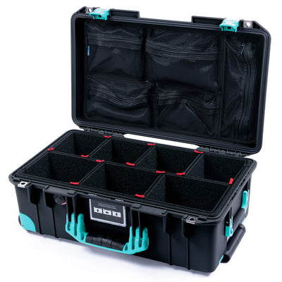 Pelican 1535 Air Case, Black with Teal Handles, Latches & Trolley TrekPak Divider System with Mesh Lid Organizer ColorCase 015350-0120-110-591-590