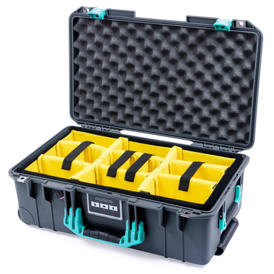 Pelican 1535 Air Case, Charcoal with Teal Handles & Latches Yellow Padded Microfiber Dividers with Convoluted Lid Foam ColorCase 015350-0010-520-591