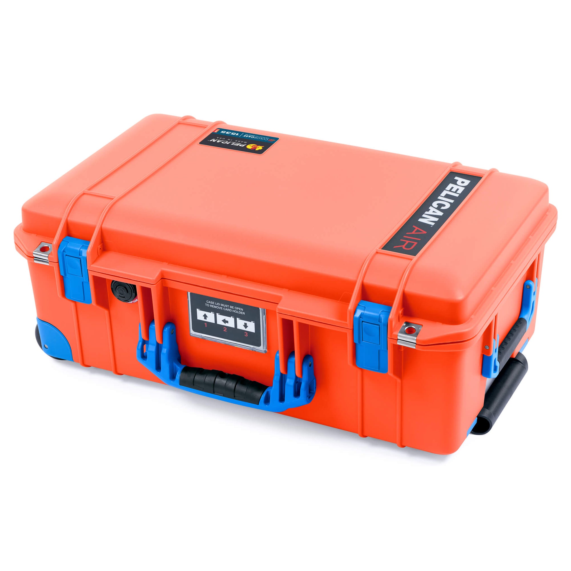 Pelican 1535 Air Case, Orange with Blue Handles, Latches & Trolley