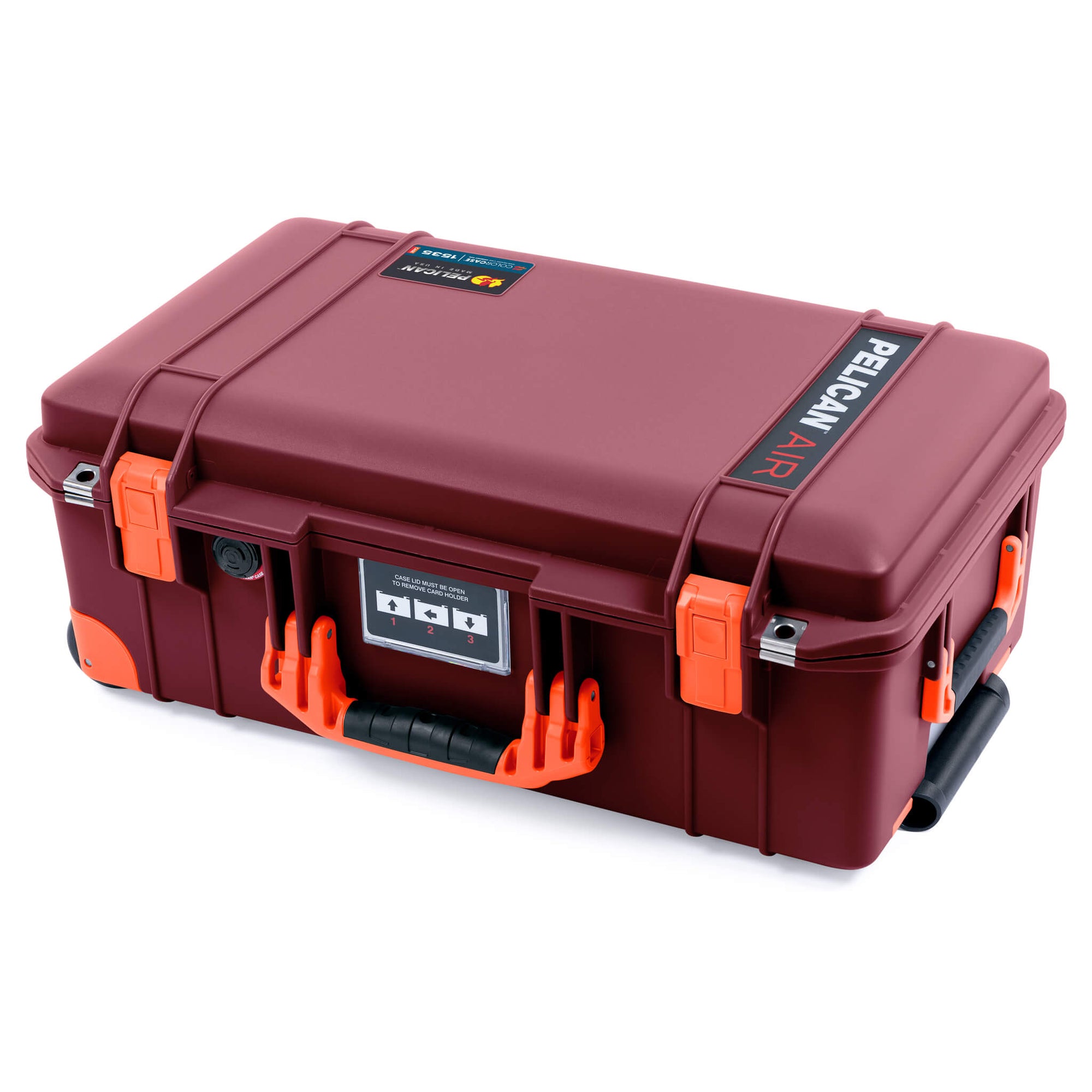 Pelican 1535 Air Case, Oxblood with Orange Handles, Latches & Trolley