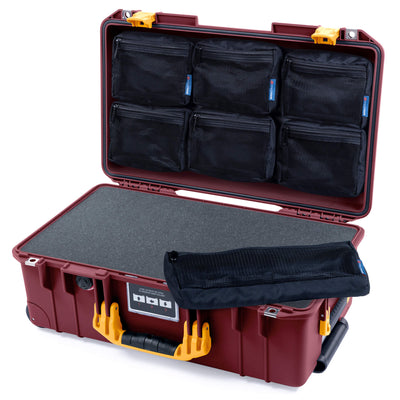 Pelican 1535 Air Case, Oxblood with Yellow Handles & Latches Pick & Pluck Foam with 7-Piece Removable Mesh Pouches ColorCase 015350-0701-510-241