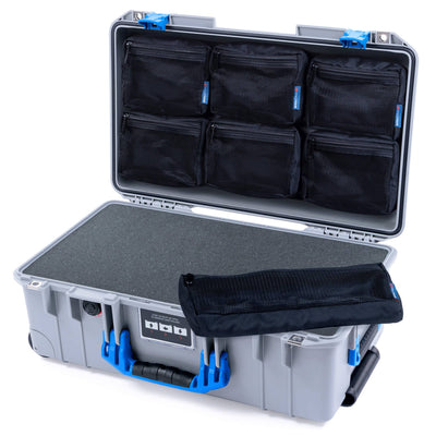 Pelican 1535 Air Case, Silver with Blue Handles & Latches Pick & Pluck Foam with 7-Piece Removable Mesh Pouches ColorCase 015350-0701-180-121