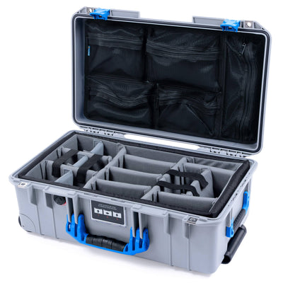 Pelican 1535 Air Case, Silver with Blue Handles & Latches Gray Padded Microfiber Dividers with Mesh Lid Organizer ColorCase 015350-0170-180-121