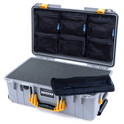 Pelican 1535 Air Case, Silver with Yellow Handles & Latches Pick & Pluck Foam with 7-Piece Removable Mesh Pouches ColorCase 015350-0701-180-241