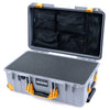 Pelican 1535 Air Case, Silver with Yellow Handles, Latches & Trolley Pick & Pluck Foam with Mesh Lid Organizer ColorCase 015350-0101-180-241-240