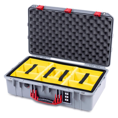 Pelican 1555 Air Case, Silver with Red Handle & Latches Yellow Padded Microfiber Dividers with Convolute Lid Foam ColorCase 015550-0010-180-321