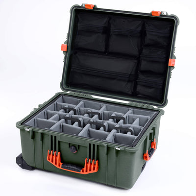 Pelican 1610 Case, OD Green with Orange Handles and Latches Gray Padded Microfiber Dividers with Mesh Lid Organizer ColorCase 016100-0170-130-150