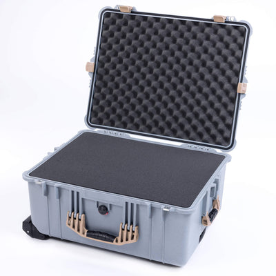 Pelican 1610 Case, Silver with Desert Tan Handles and Latches Pick & Pluck Foam with Convoluted Lid Foam ColorCase 016100-0001-180-310