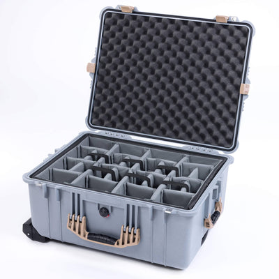 Pelican 1610 Case, Silver with Desert Tan Handles and Latches Gray Padded Microfiber Dividers with Convoluted Lid Foam ColorCase 016100-0070-180-310