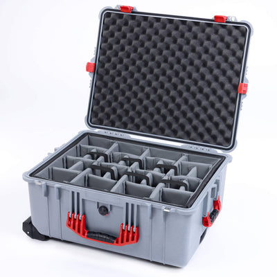 Pelican 1610 Case, Silver with Red Handles and Latches Gray Padded Microfiber Dividers with Convoluted Lid Foam ColorCase 016100-0070-180-320