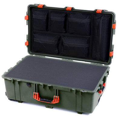 Pelican 1650 Case, OD Green with Orange Handles & Latches Pick & Pluck Foam with Mesh Lid Organizer ColorCase 016500-0101-130-150