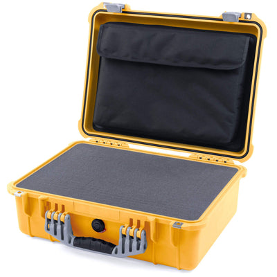 Pelican 1520 Case, Yellow with Silver Handle & Latches Pick & Pluck Foam with Computer Pouch ColorCase 015200-0201-240-180